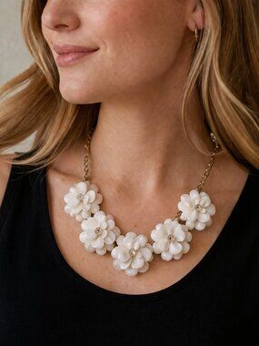 J.Crew White Floral Statement Necklace Rhinestone Resin Petal Gold Tone 21"